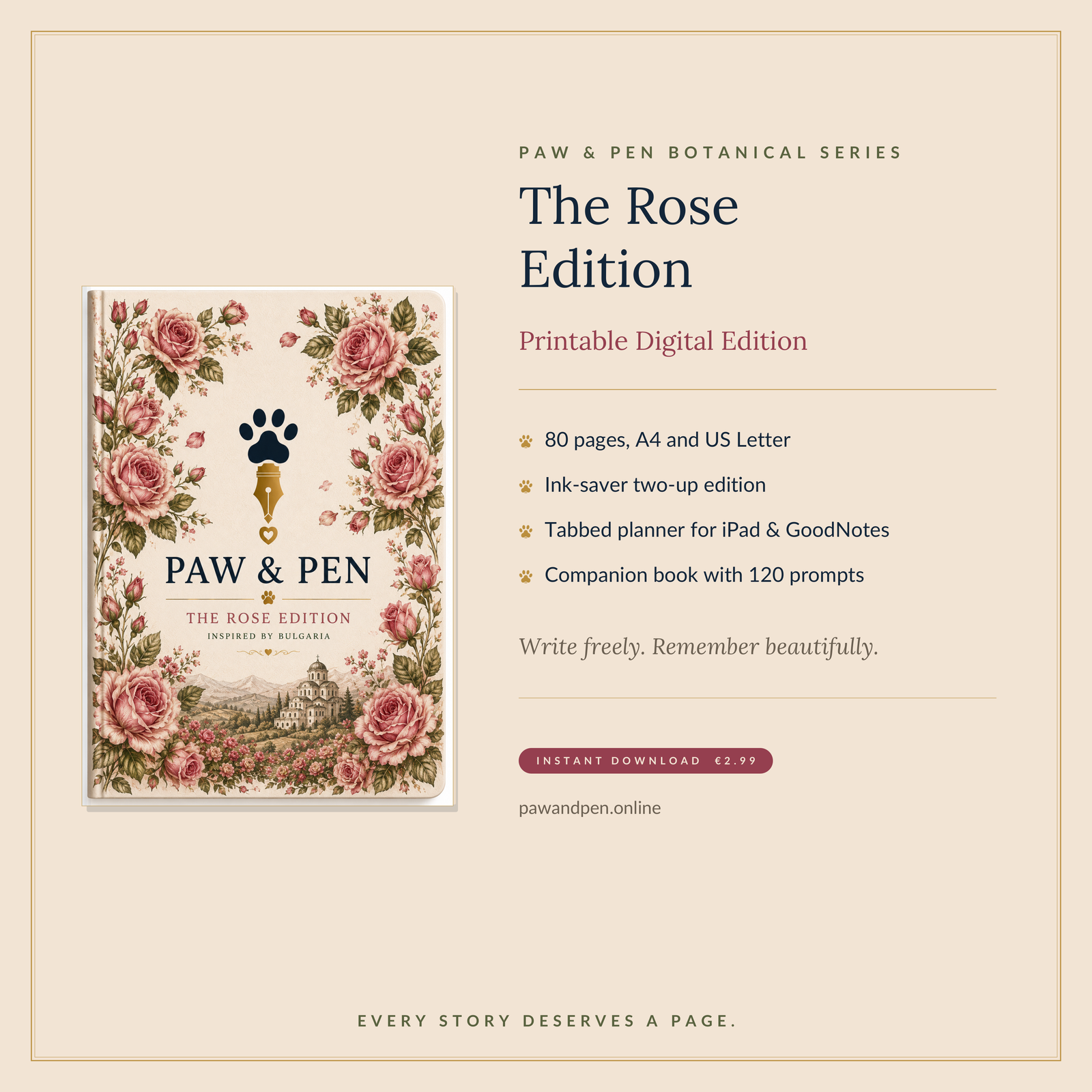 Paw & Pen: The Rose Edition — Printable Commonplace Notebook