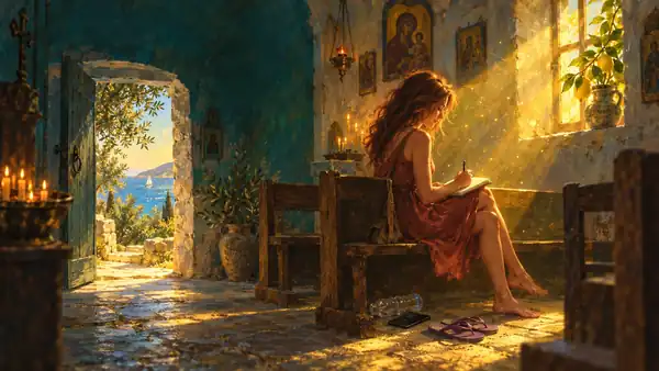 A small white chapel on a hill in Crete, in lemon light