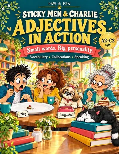 Sticky Men and Charlie Adjectives in Action cover: friends and Charlie at a café table with a tiny slice of cake