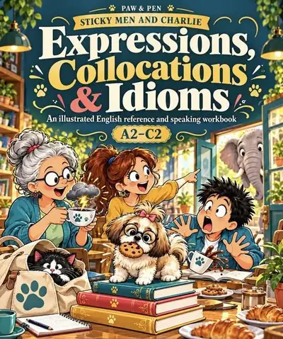 Sticky Men and Charlie Expressions, Collocations and Idioms cover: café scene with Charlie and an elephant in the room