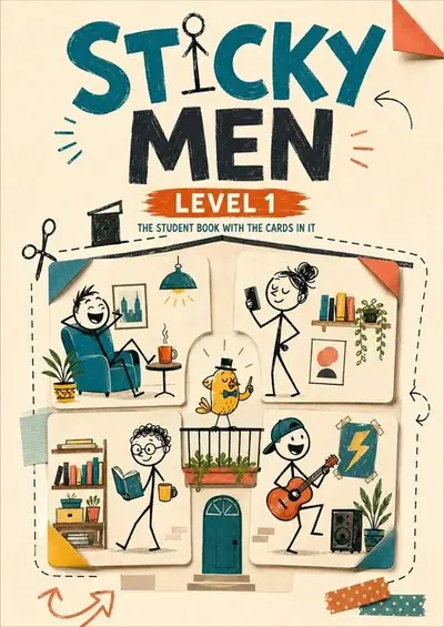 Sticky Men Level 1 student book cover: stick figures in a cut-out house of picture cards