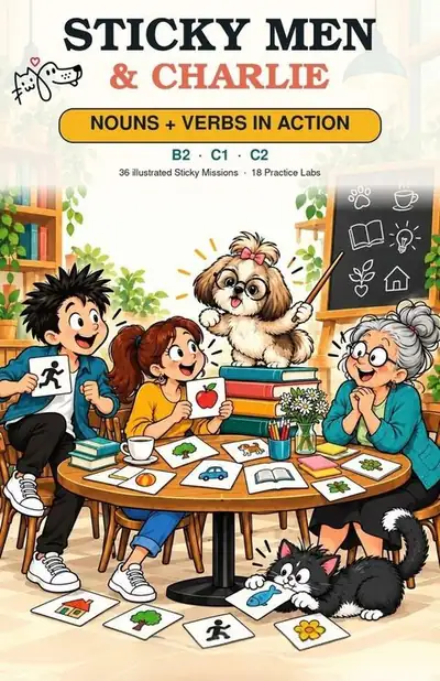 Sticky Men and Charlie Nouns + Verbs in Action cover: Charlie the shih-tzu teaching with picture cards